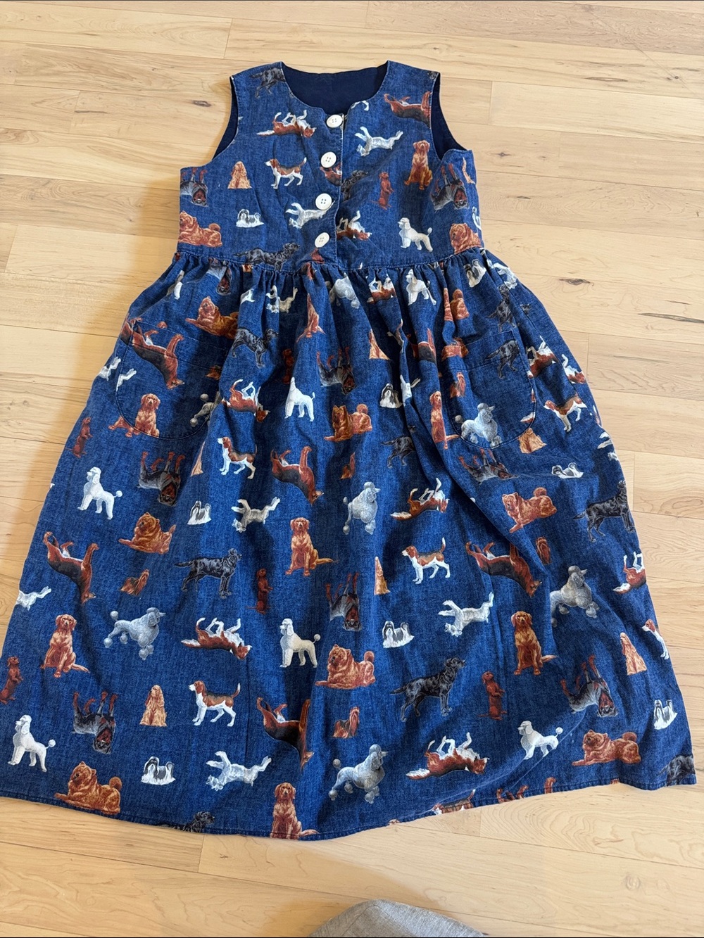 Dogs Blue Joan Messmore Rotweiller Poodle 90s Vintage Handmade Dress-Pockets